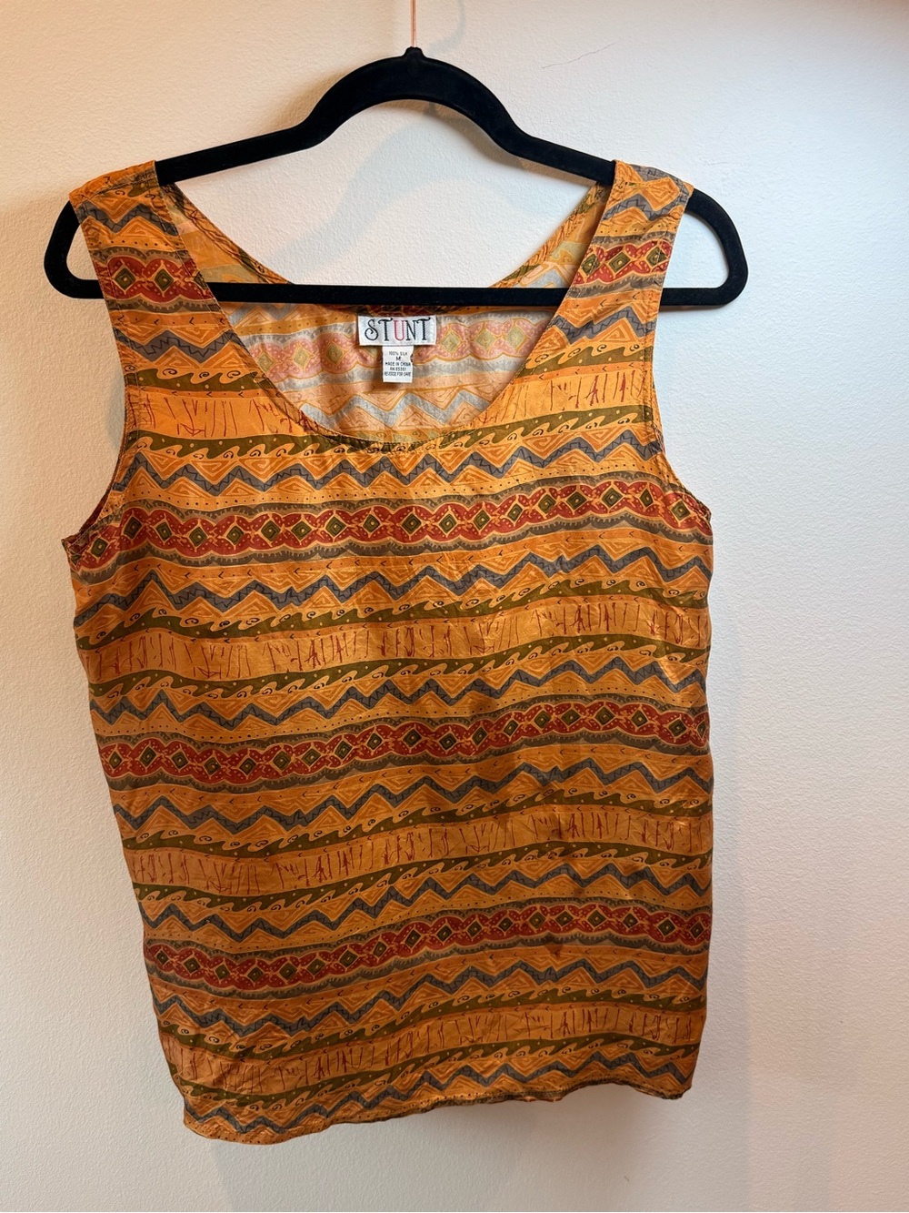Vintage STUNT 100% Silk Southwestern Aztec Print Tank Top Size M Boho Festival